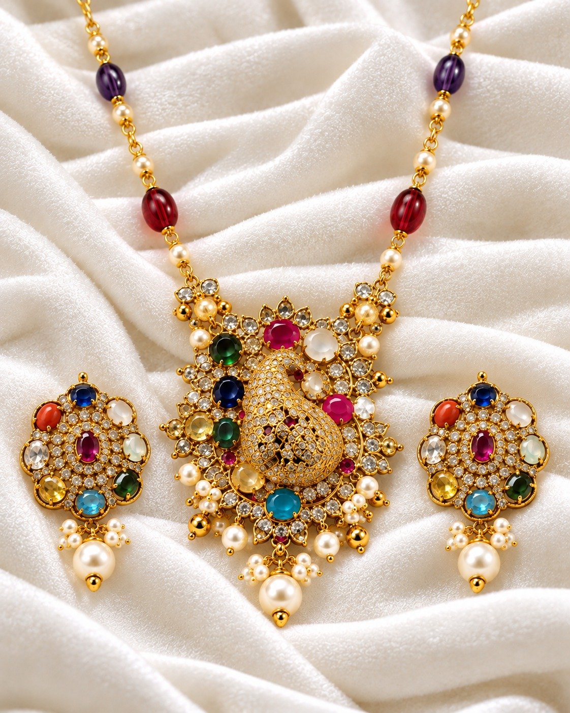Navratan Peacock Pendant Set